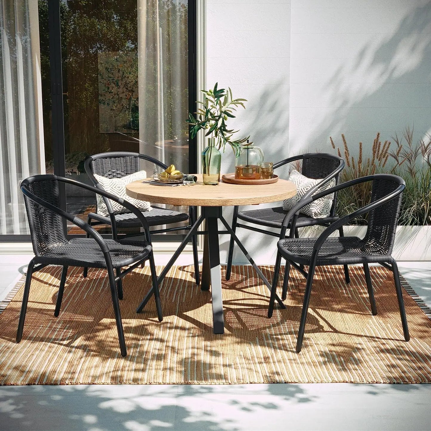 4 Pack Beige Patio Dining Sets, Indoor-Outdoor Restaurant Stack Chair with Curved Back, Patio Dining Sets