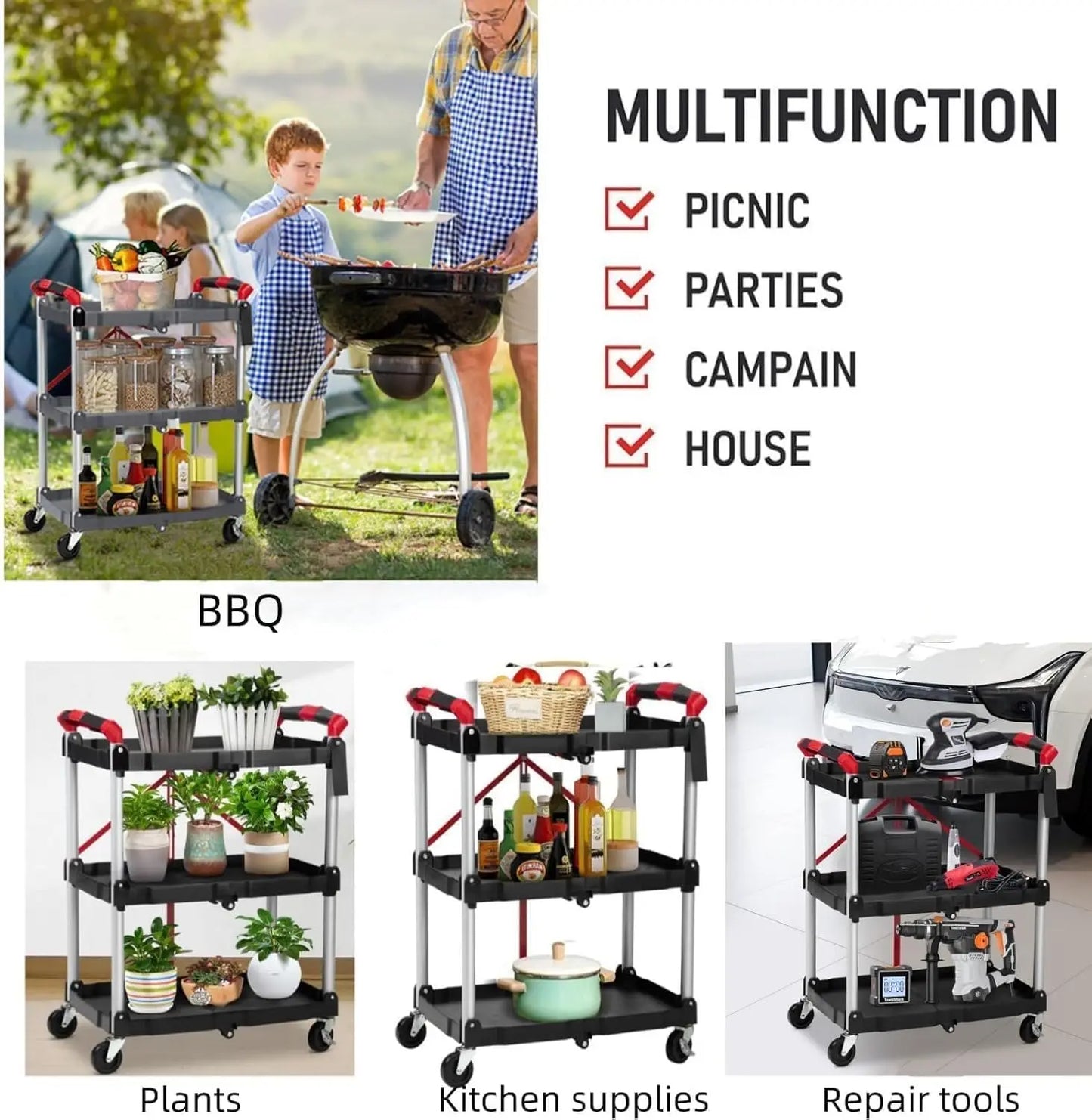 3 Tier Rolling Cart, 167Lbs Foldable Utility Service Cart with Lockable Wheels for Warehouse Garden Office Kitchen