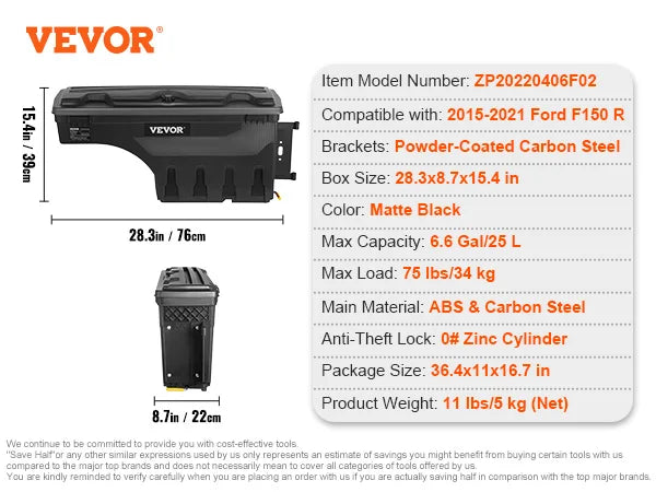SucceBuy Truck Bed Storage Box Passenger Side Lockable Lid Waterproof ABS Wheel Well with Password Padlock Tool Box for Trucks