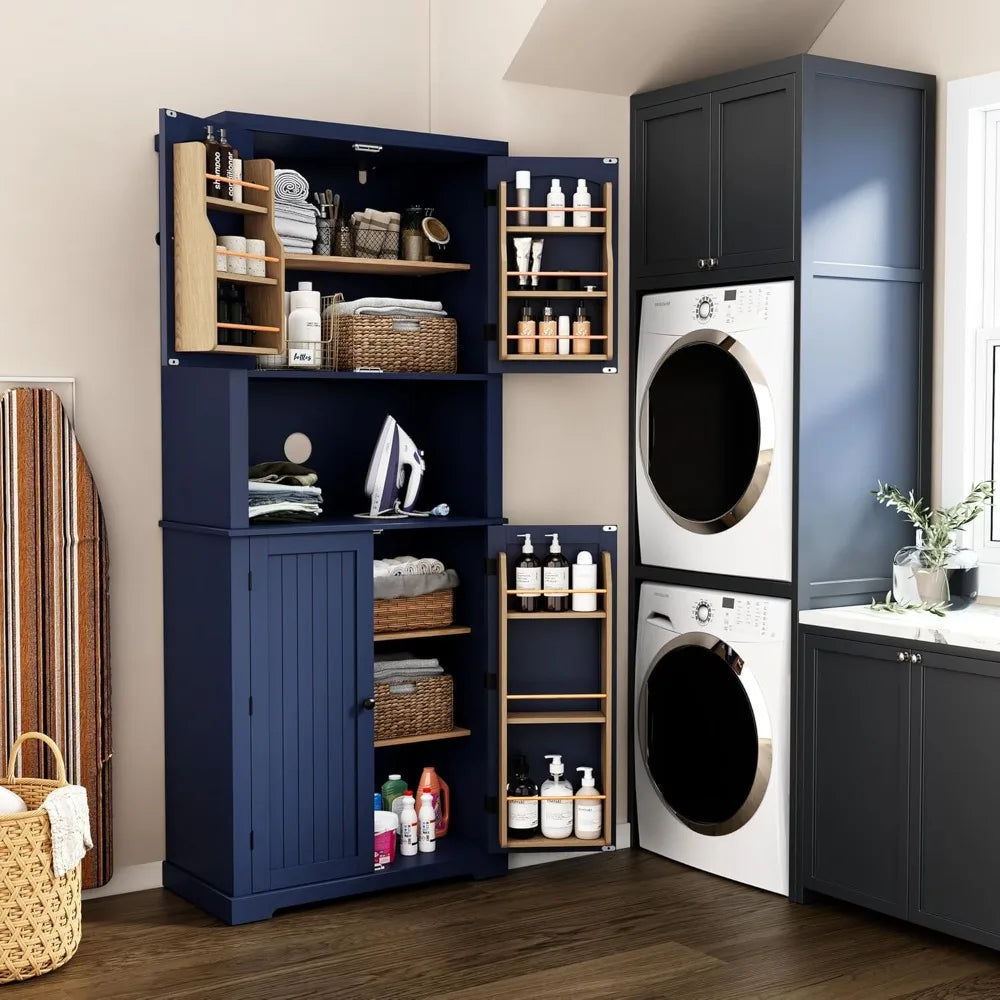 72" Kitchen Pantry Storage Cabinet, with Microwave Stand,Utility Pantry with Doors and Shelves, Freestanding Larder Cupboard