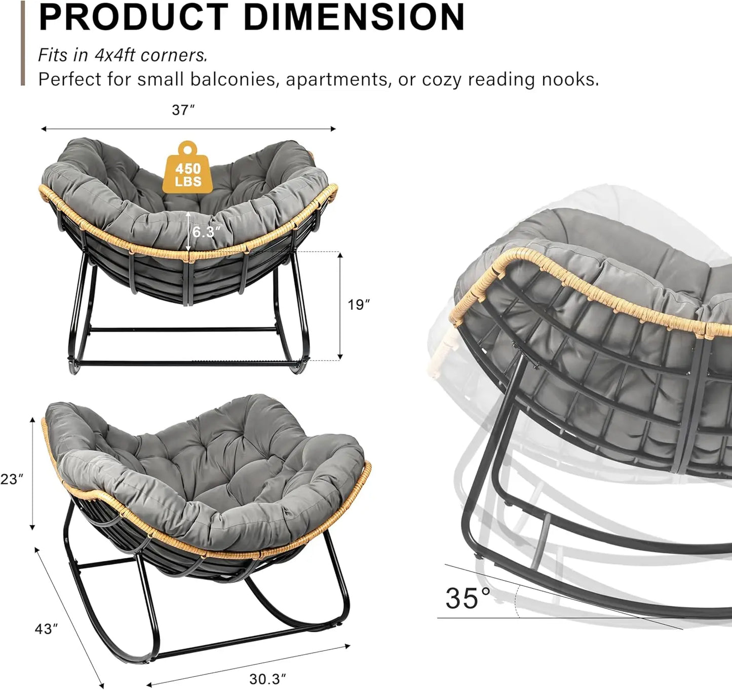 Outdoor Egg Rocking Chair, Indoor Papasan Rocking Chair with Thick Cushion, Modern Lounge Rocker for Balcony, Living Room