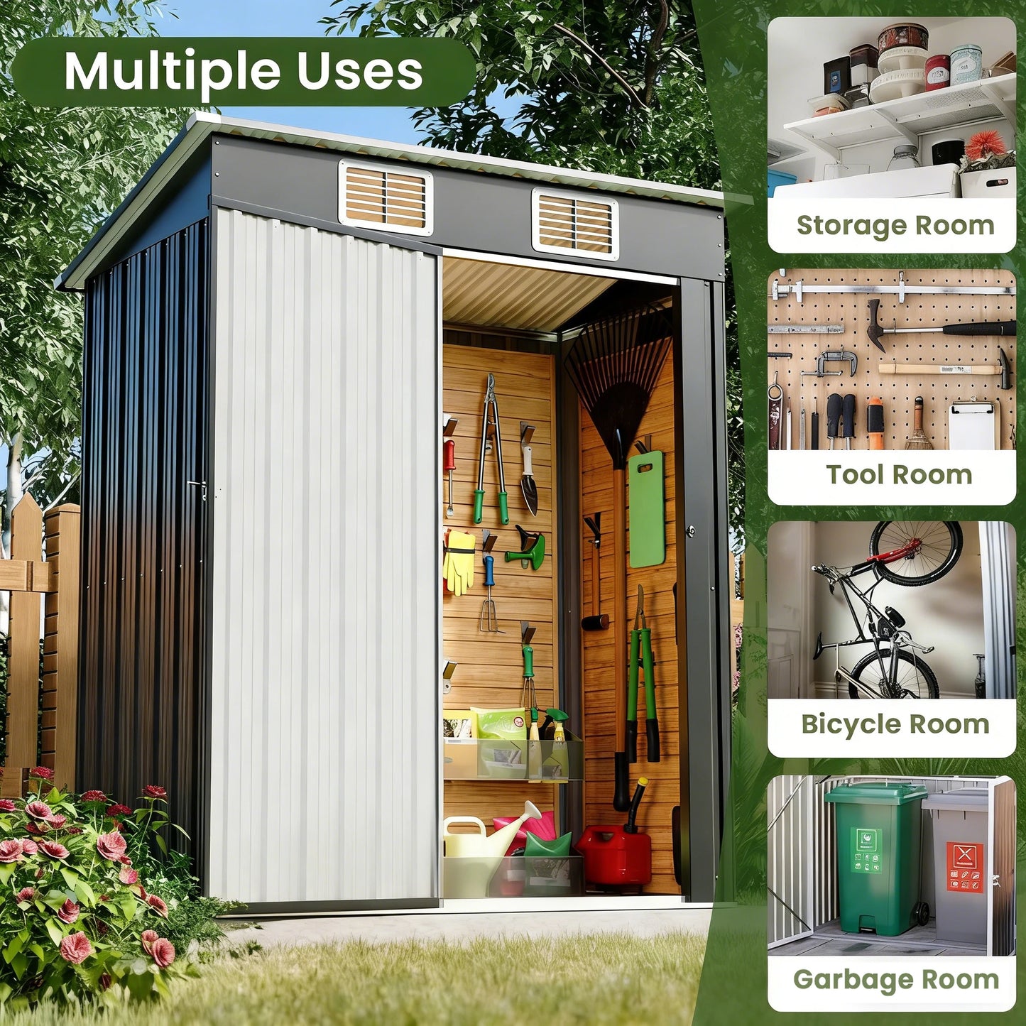 5x3 FT Outdoor Storage Shed, Metal Garden Shed with Lockable Door, Anti-Corrosion Tool Shed with Sloping Roof