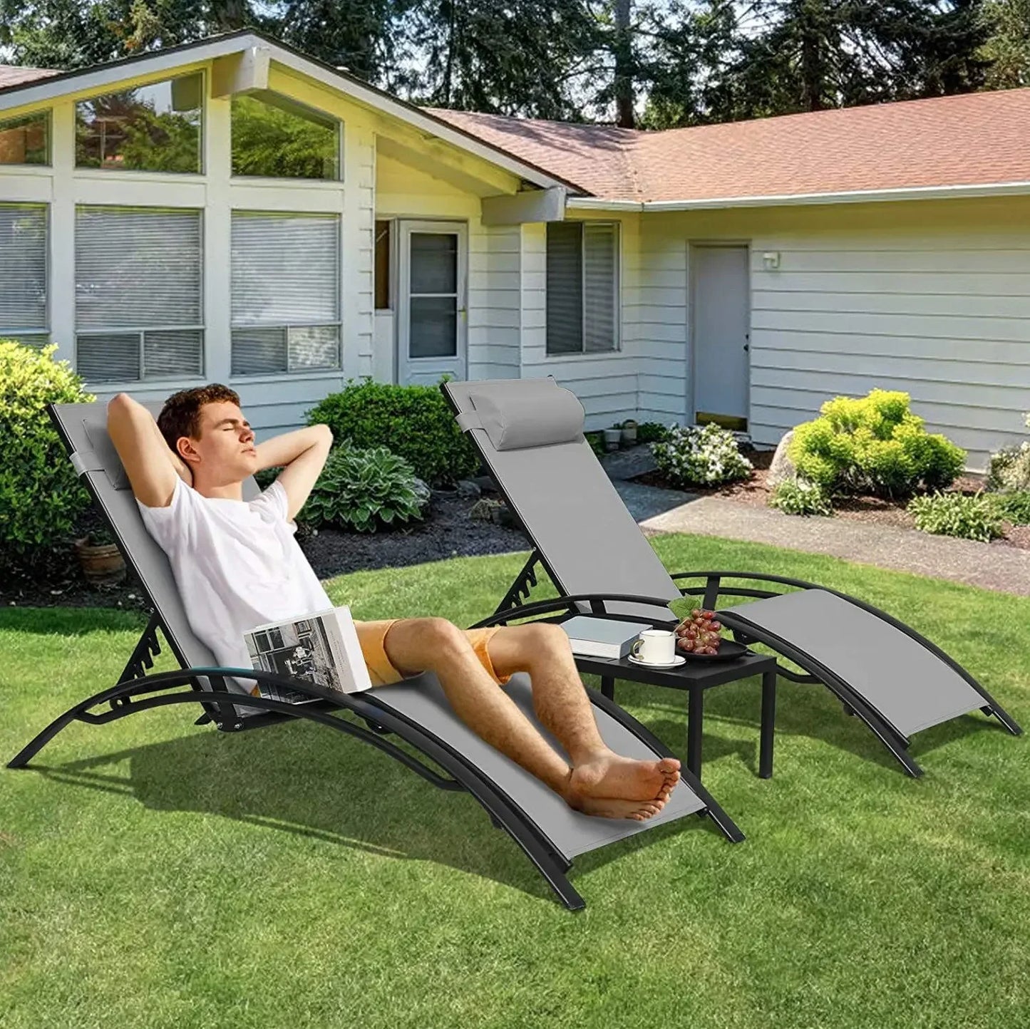 Aluminum Lounge Chair for Outside with 5 Adjustable Positions+Table 3Pcs Chaise Outdoor for Pool, Garden,Beach,Camping,Backyard