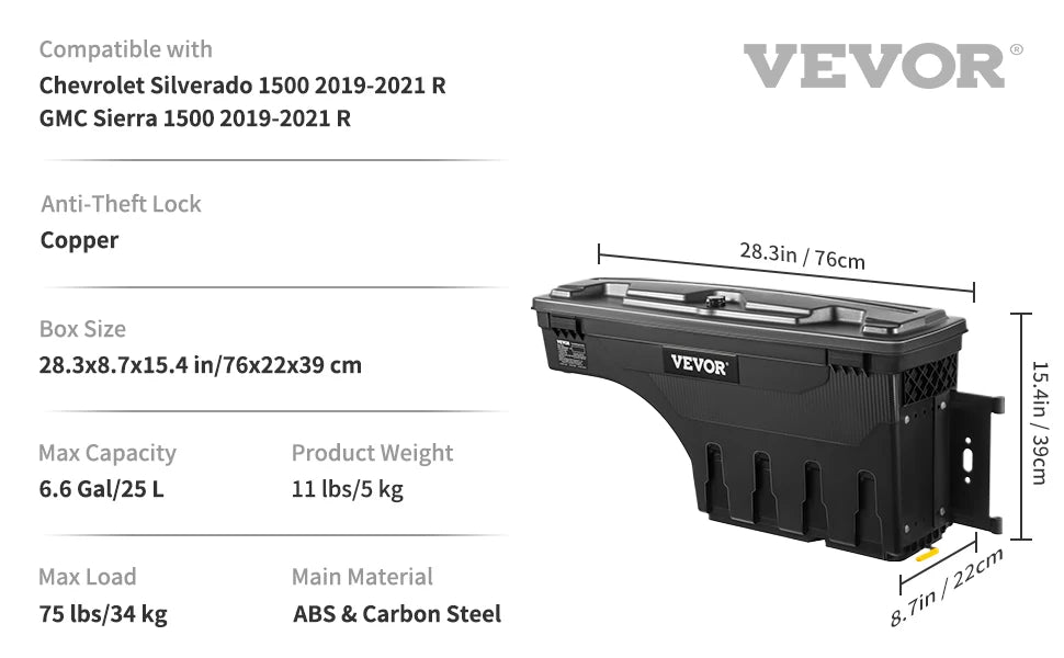 SucceBuy Truck Bed Storage Box Passenger Side Lockable Lid Waterproof ABS Wheel Well with Password Padlock Tool Box for Trucks