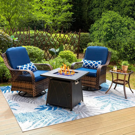 4-Piece Outdoor Swivel Rocker Chairs Set with Fire Pit Table, Rattan Patio Furniture Set Supports 350lbs,