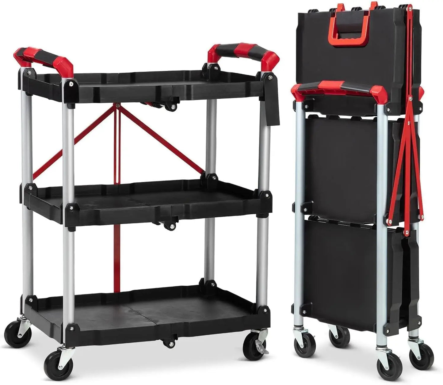 3 Tier Rolling Cart, 167Lbs Foldable Utility Service Cart with Lockable Wheels  for Warehouse Garden Office Kitchen