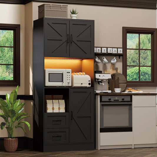 Kitchen Pantry Storage Cabinet Tall Farmhouse Kitchen Pantry with Barn Doors and Drawers, Adjustable Shelves for，Customized