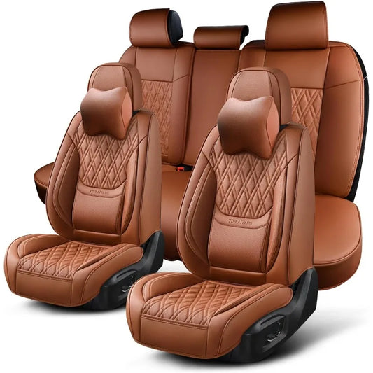 Covers Full Set, Breathable Leather Automotive Front and Rear Seat Covers & Headrest, Universal Automotive Vehicle Seat