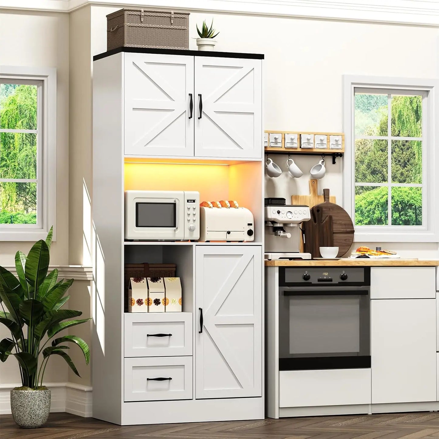 Kitchen Pantry Storage Cabinet Tall Farmhouse Kitchen Pantry with Barn Doors and Drawers, Adjustable Shelves for，Customized