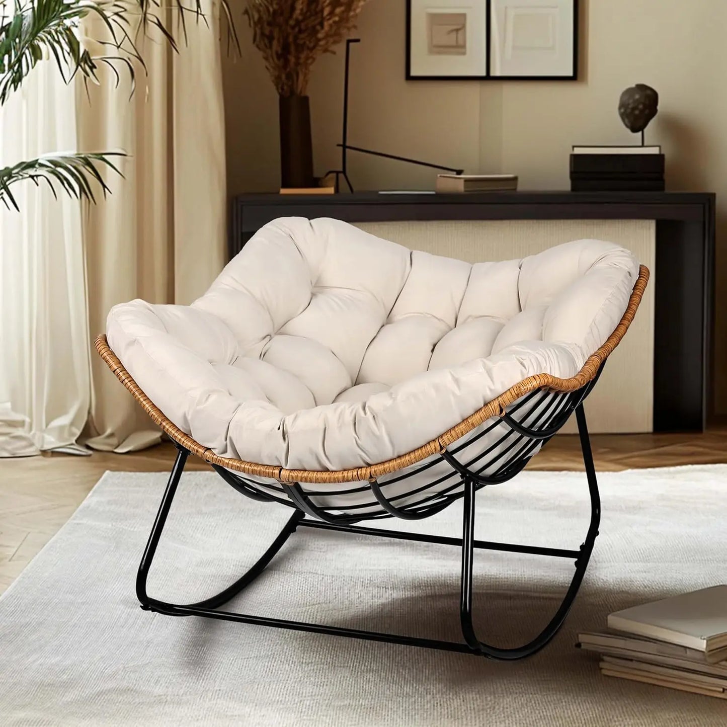 Outdoor Egg Rocking Chair, Indoor Papasan Rocking Chair with Thick Cushion, Modern Lounge Rocker for Balcony, Living Room