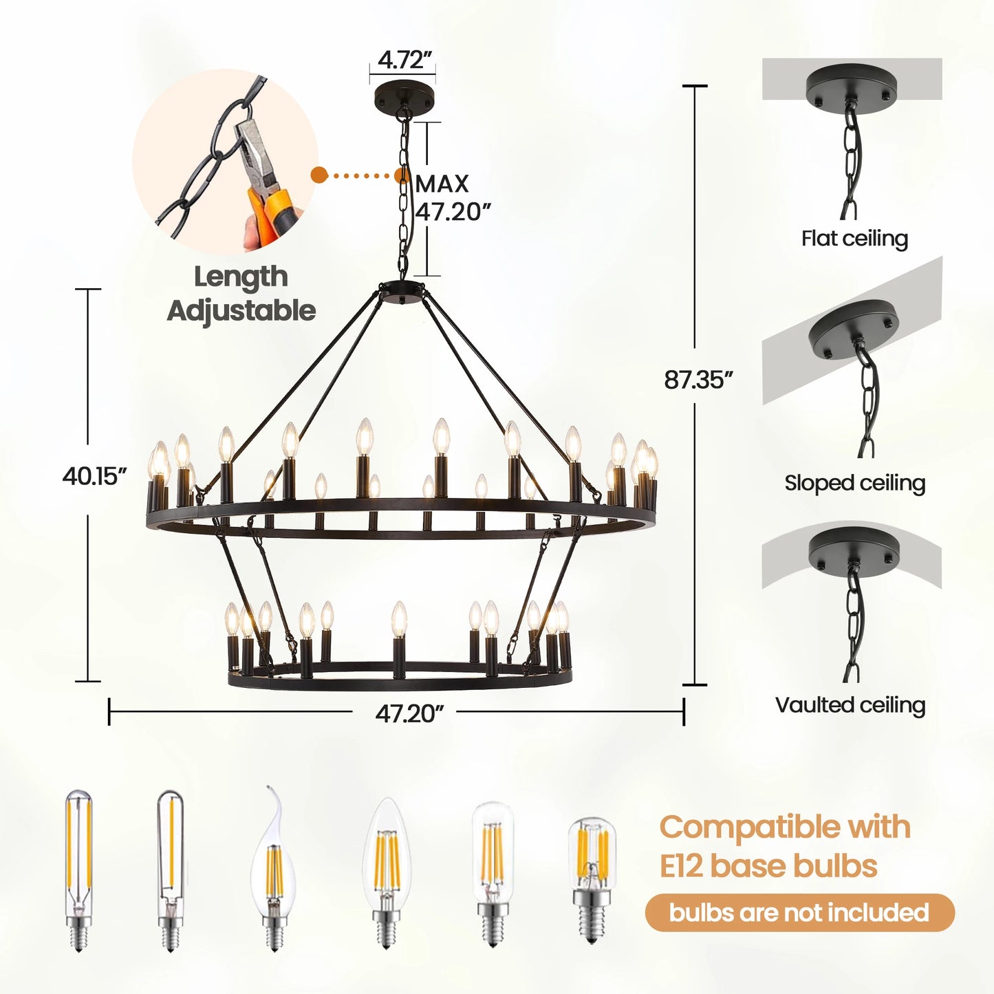 47'' Extra Large Wagon Wheel Chandelier 2 Tier 36-Lights Farmhouse Pendant Light Fixture Hanging Lighting for High Ceiling