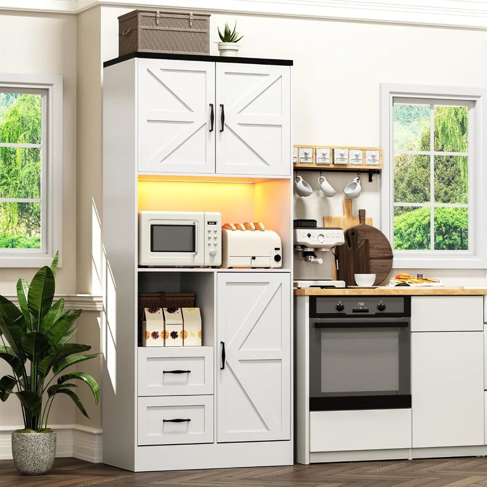 Kitchen Pantry Storage Cabinet Tall Farmhouse Kitchen Pantry with Barn Doors and Drawers, Adjustable Shelves for，Customized