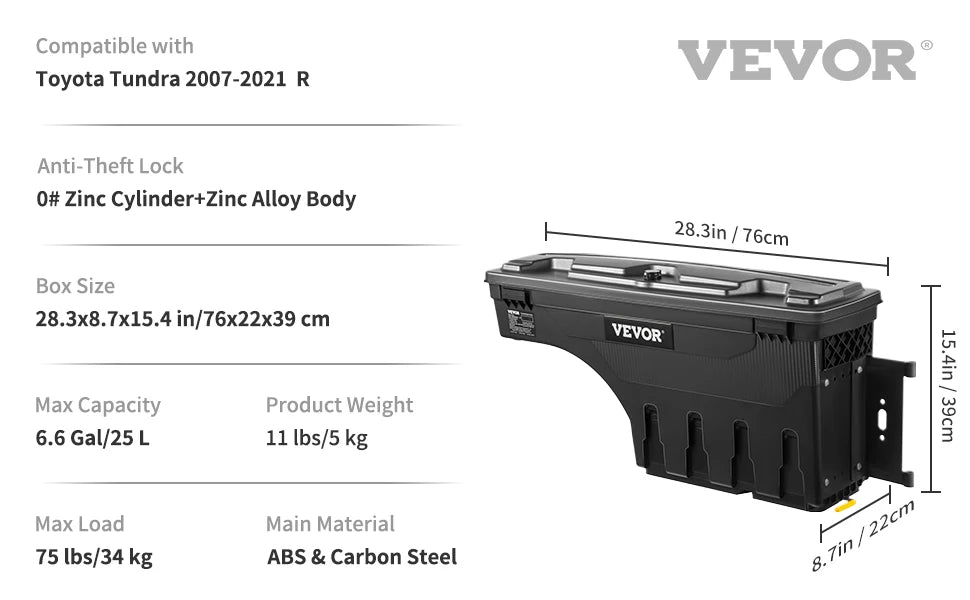 SucceBuy Truck Bed Storage Box Passenger Side Lockable Lid Waterproof ABS Wheel Well with Password Padlock Tool Box for Trucks