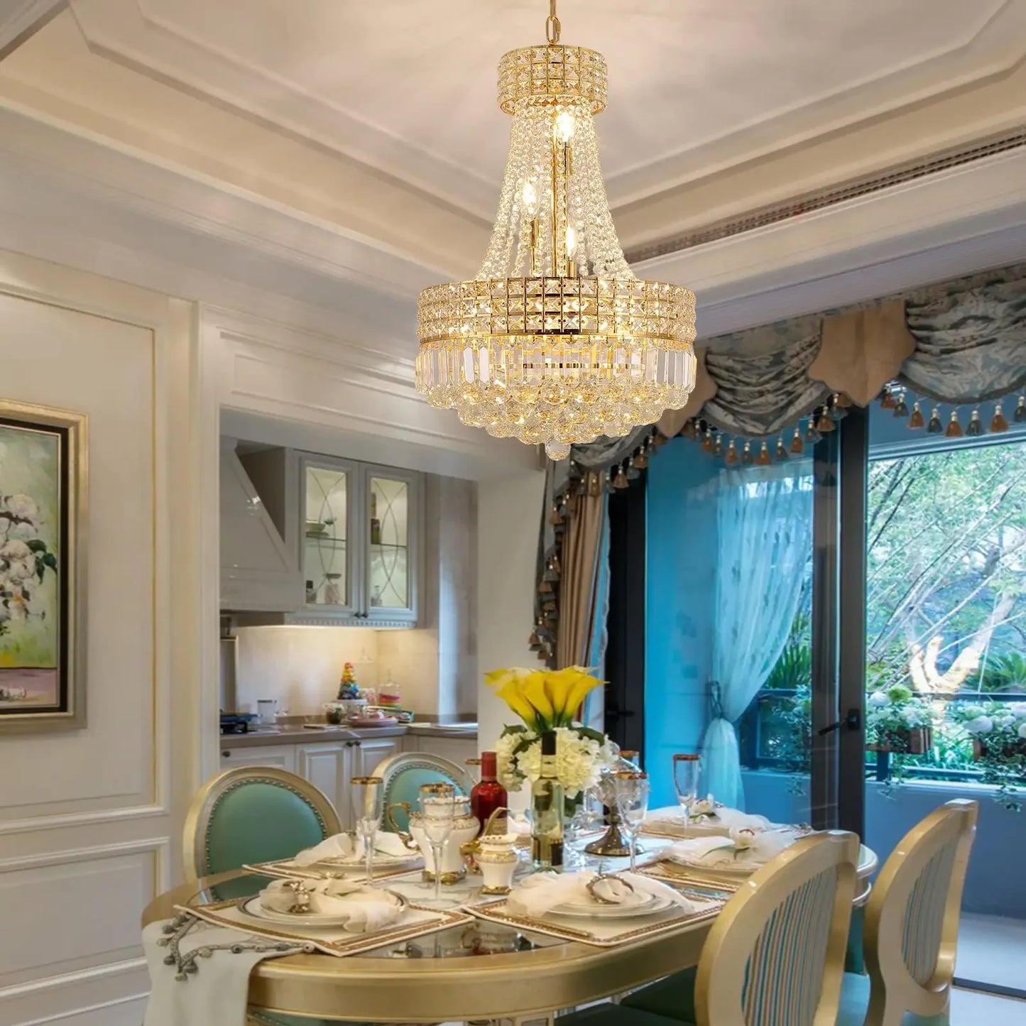 Modern K9 Crystal Chandelier, Luxury Empire Style Hanging Gold Crystal Chandelier Fixture for dining room/living room/bedroom
