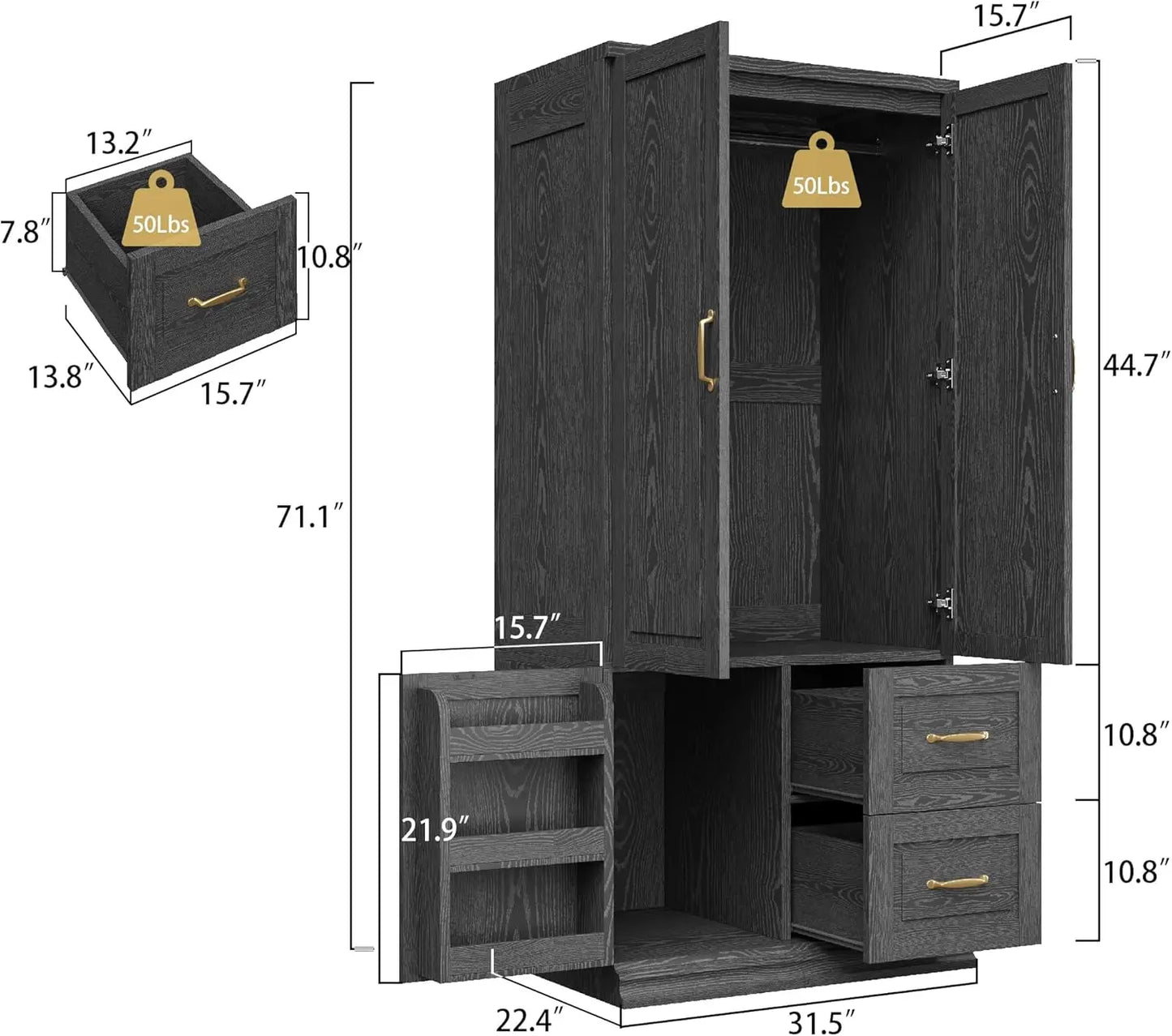 71.1" H Wooden Closet with 2 Doors and Hanging Rod for Hanging Clothes, Tall Bedroom Freestanding Armoire Storage Cabinet, Black
