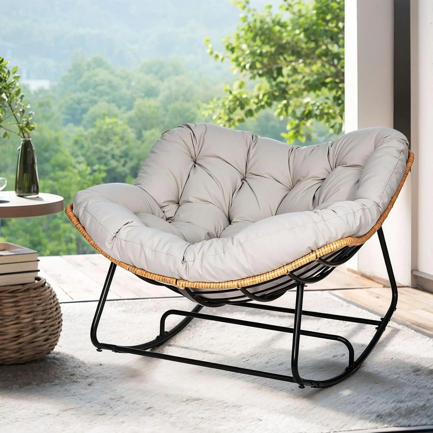 Outdoor Egg Rocking Chair, Indoor Papasan Rocking Chair with Thick Cushion, Modern Lounge Rocker for Balcony, Living Room