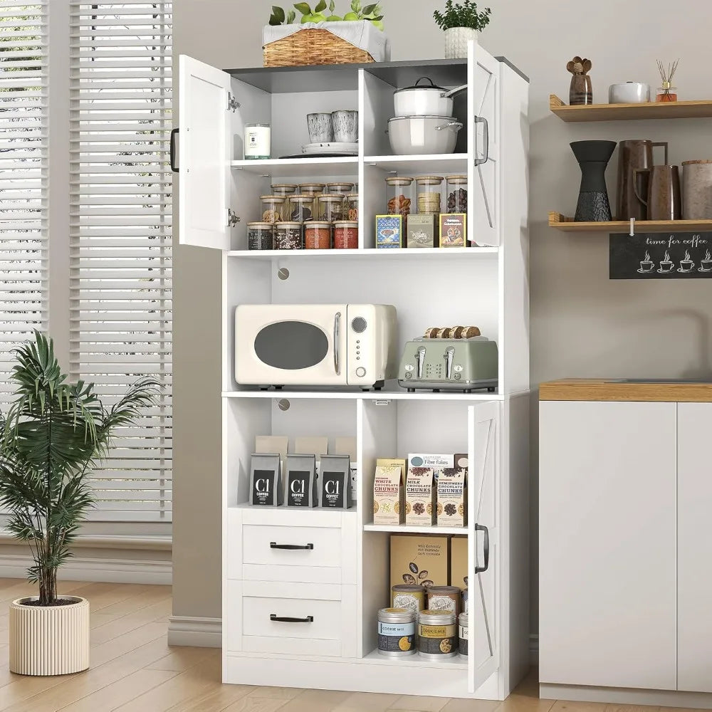 Kitchen Pantry Storage Cabinet Tall Farmhouse Kitchen Pantry with Barn Doors and Drawers, Adjustable Shelves for，Customized