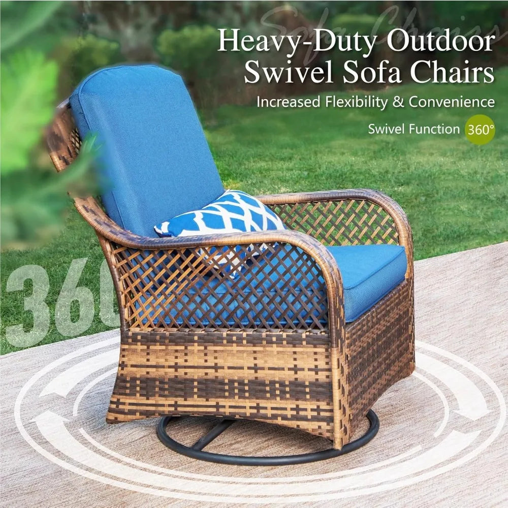 4-Piece Outdoor Swivel Rocker Chairs Set with Fire Pit Table, Rattan Patio Furniture Set Supports 350lbs,