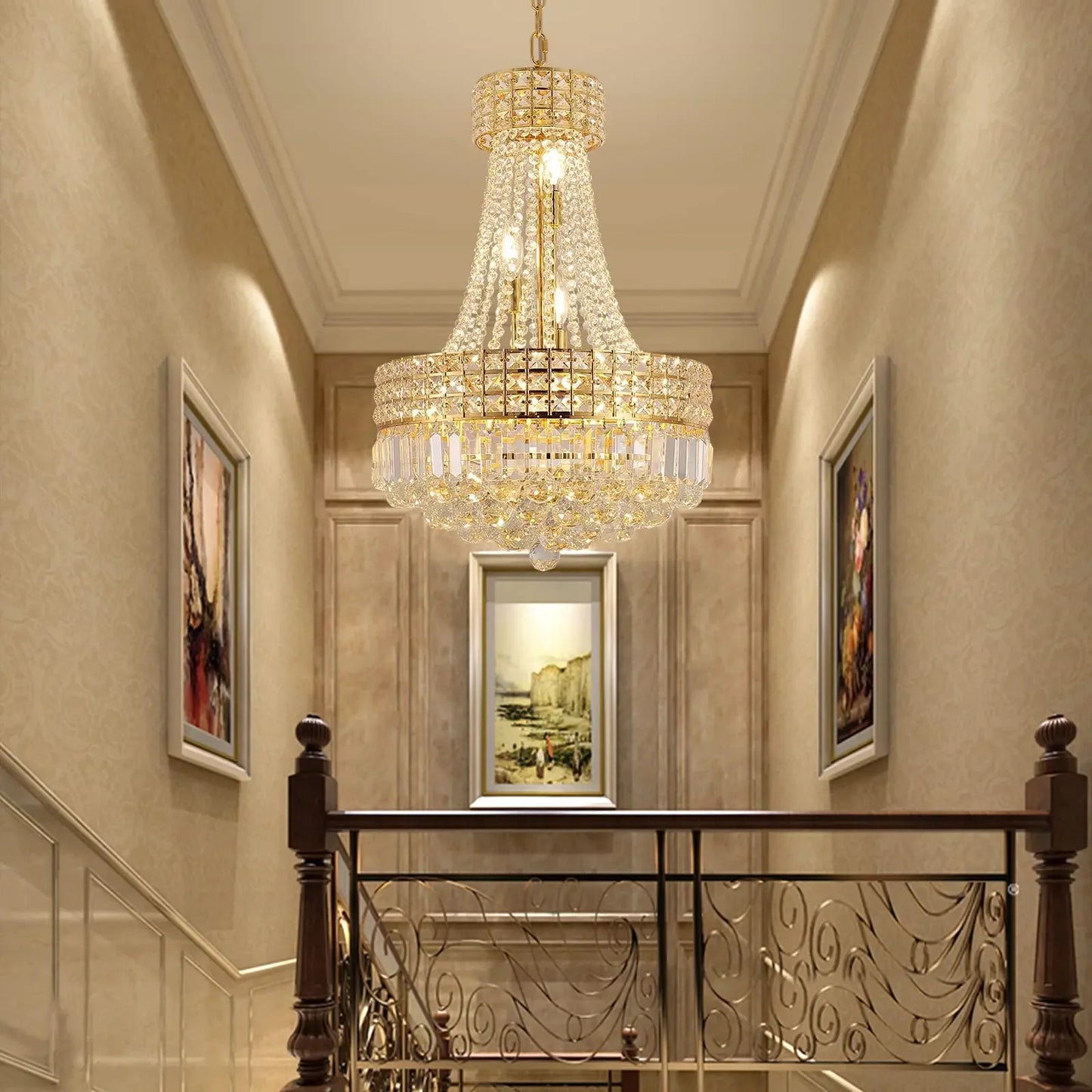 Modern K9 Crystal Chandelier, Luxury Empire Style Hanging Gold Crystal Chandelier Fixture for dining room/living room/bedroom