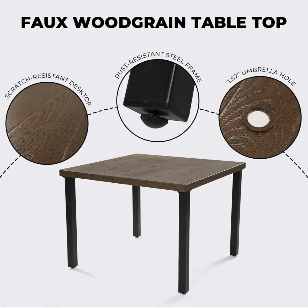 5-Piece Outdoor Dining Set, 4 Leather-Look Wicker Swivel Patio Chairs &  Square Woodgrain Dining Table，Outdoor Furniture Sets