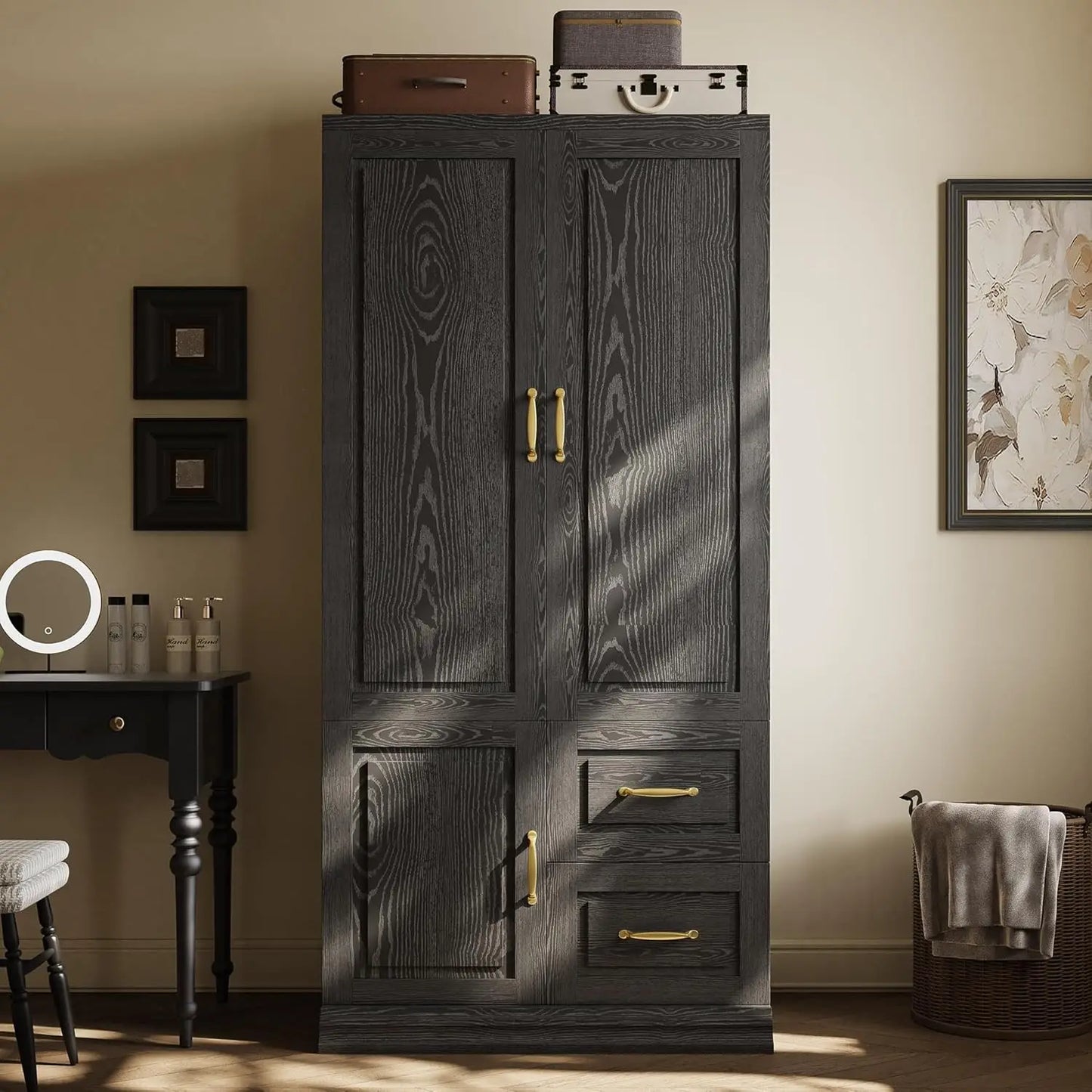 71.1" H Wooden Closet with 2 Doors and Hanging Rod for Hanging Clothes, Tall Bedroom Freestanding Armoire Storage Cabinet, Black