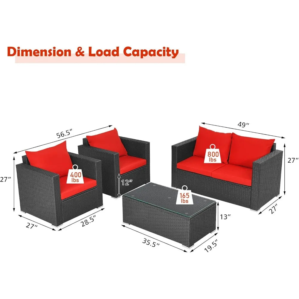 4-Piece Patio Rattan Furniture Set,Cushioned Sofa Chair,Loveseat and Coffee Table with Tempered Glass Top for Garden Poolside