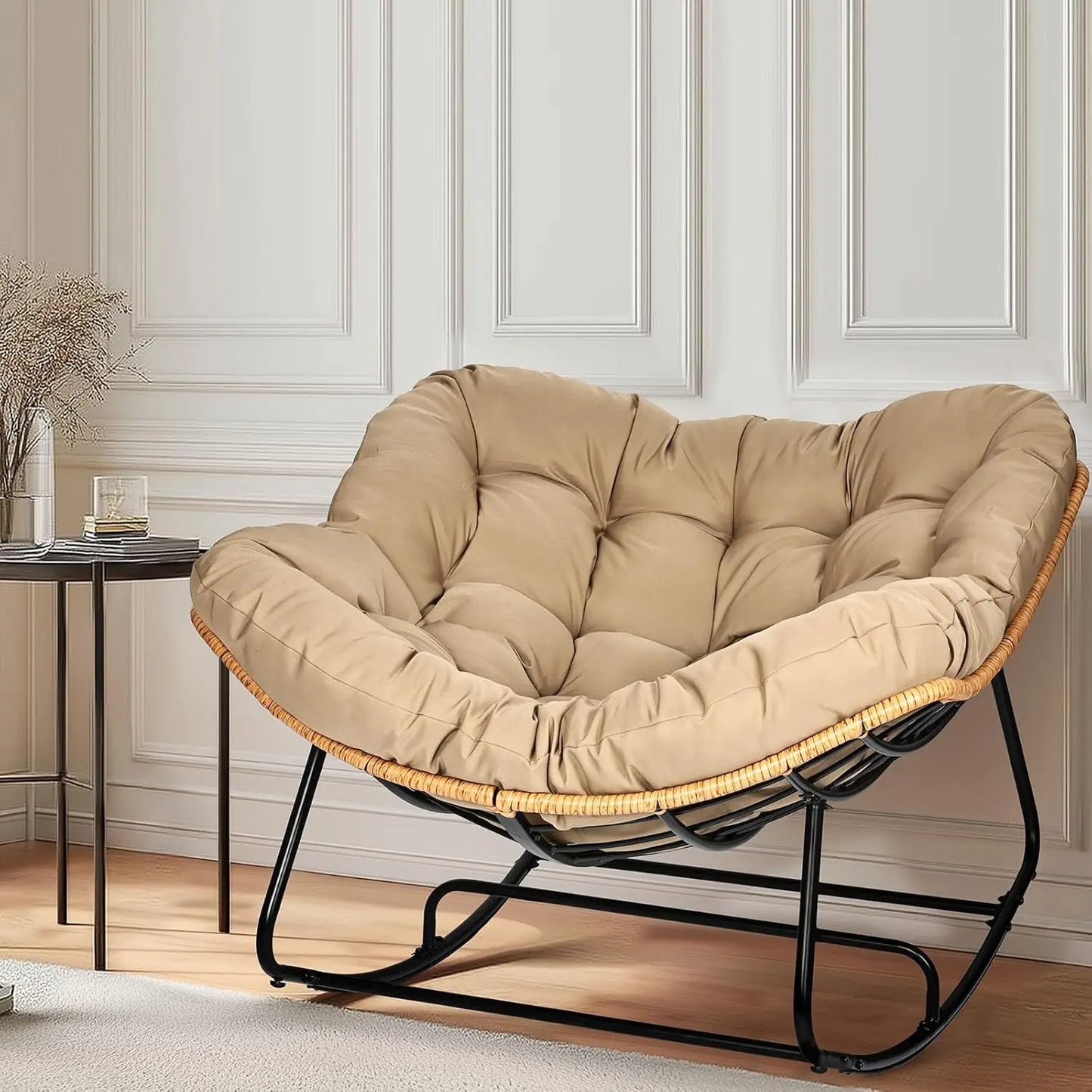 Outdoor Egg Rocking Chair, Indoor Papasan Rocking Chair with Thick Cushion, Modern Lounge Rocker for Balcony, Living Room