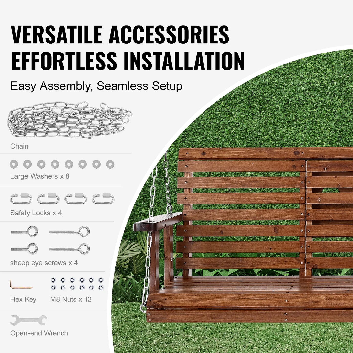 SucceBuy Wooden Porch Swing 5 ft Patio bench swing for Courtyard Garden Upgraded 880 lbs Strong Load Capacity Swing Chair Bench