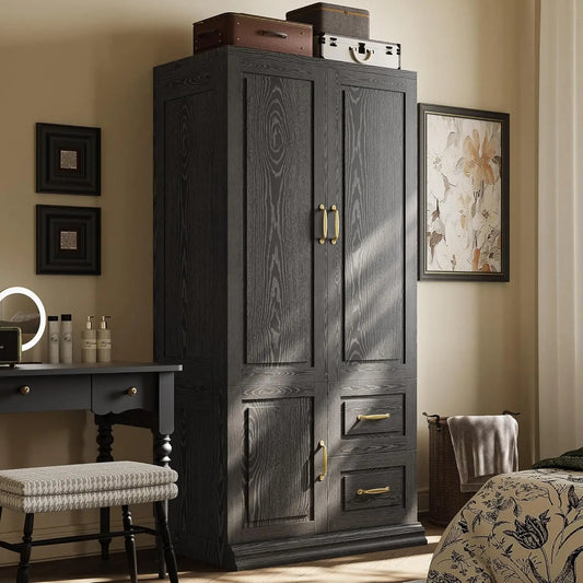 71.1" H Wooden Closet with 2 Doors and Hanging Rod for Hanging Clothes, Tall Bedroom Freestanding Armoire Storage Cabinet, Black