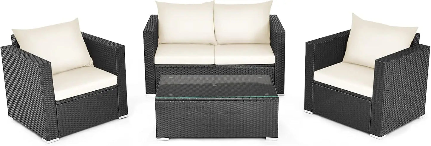 4-Piece Patio Rattan Furniture Set,Cushioned Sofa Chair,Loveseat and Coffee Table with Tempered Glass Top for Garden Poolside