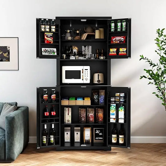 72" Kitchen Pantry Storage Cabinet, with Microwave Stand,Utility Pantry with Doors and Shelves, Freestanding Larder Cupboard