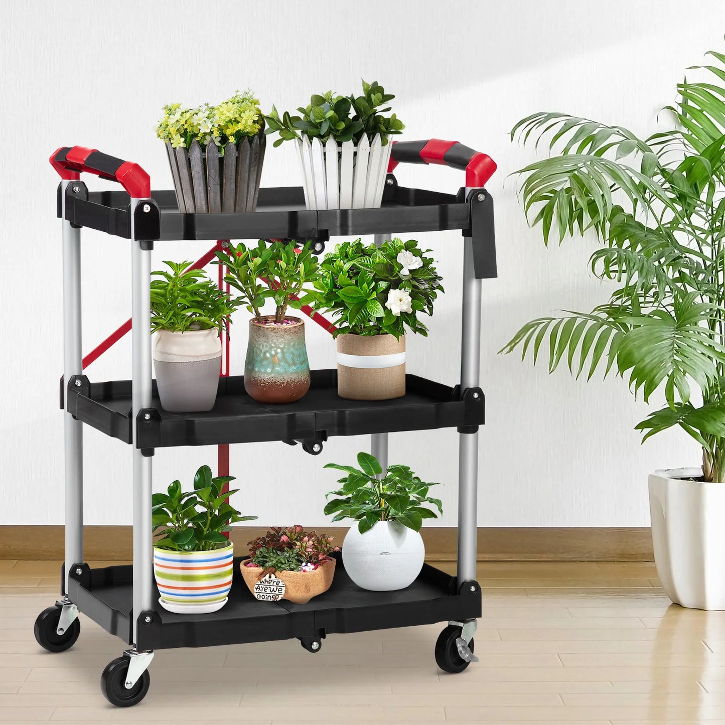 3 Tier Rolling Cart, 167Lbs Foldable Utility Service Cart with Lockable Wheels  for Warehouse Garden Office Kitchen