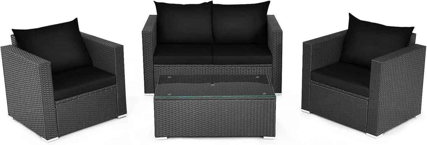 4-Piece Patio Rattan Furniture Set,Cushioned Sofa Chair,Loveseat and Coffee Table with Tempered Glass Top for Garden Poolside
