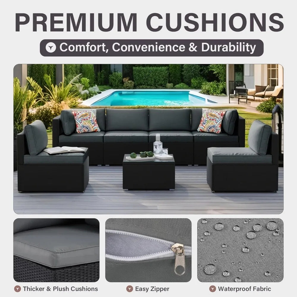 7-Piece Outdoor Patio Furniture Set, Outdoor Couch - Handwoven All-Weather Rattan & 4” Thick Waterproof Cushions,