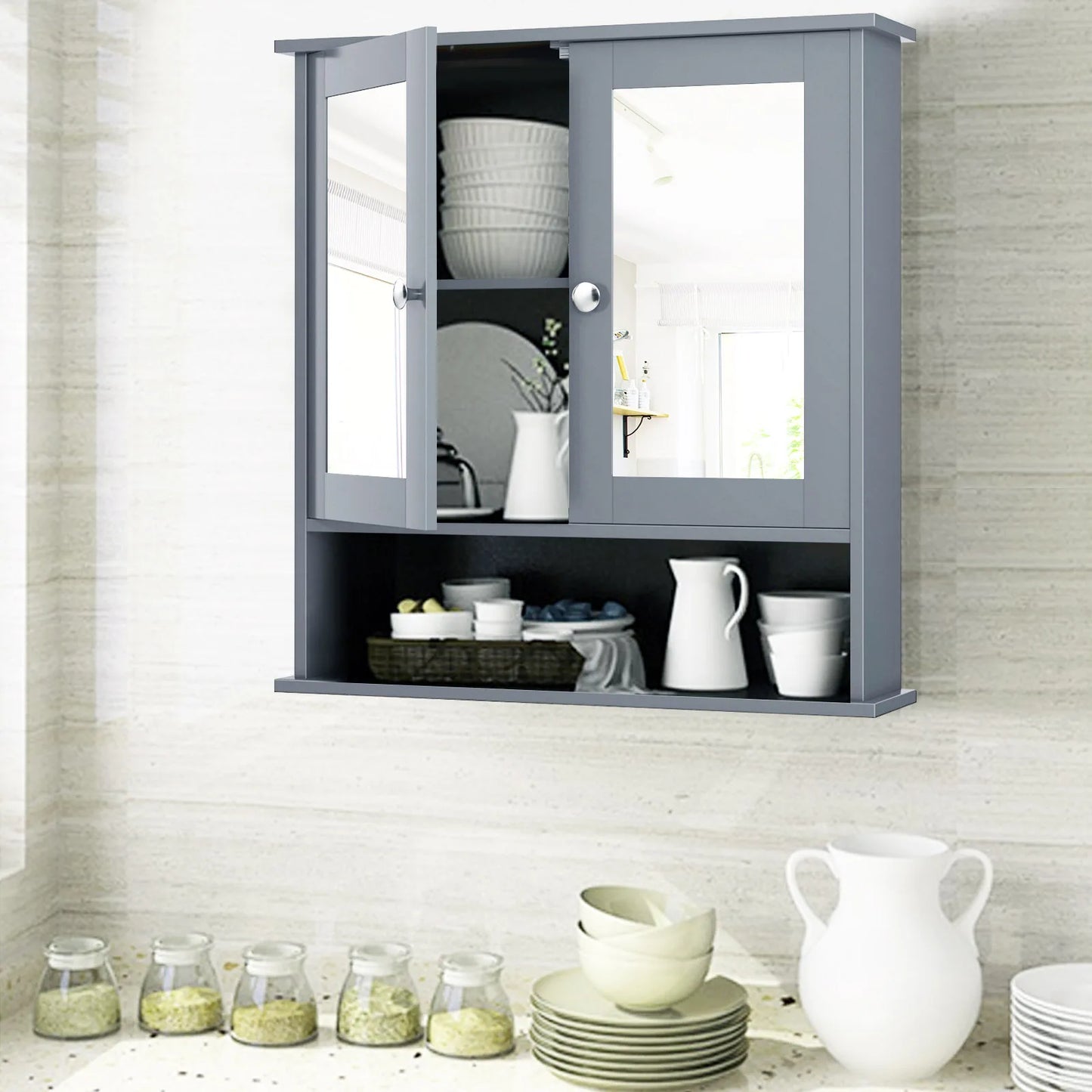 Wall Mount Mirror Cabinet Bathroom Medicine Cabinet Organizer Grey