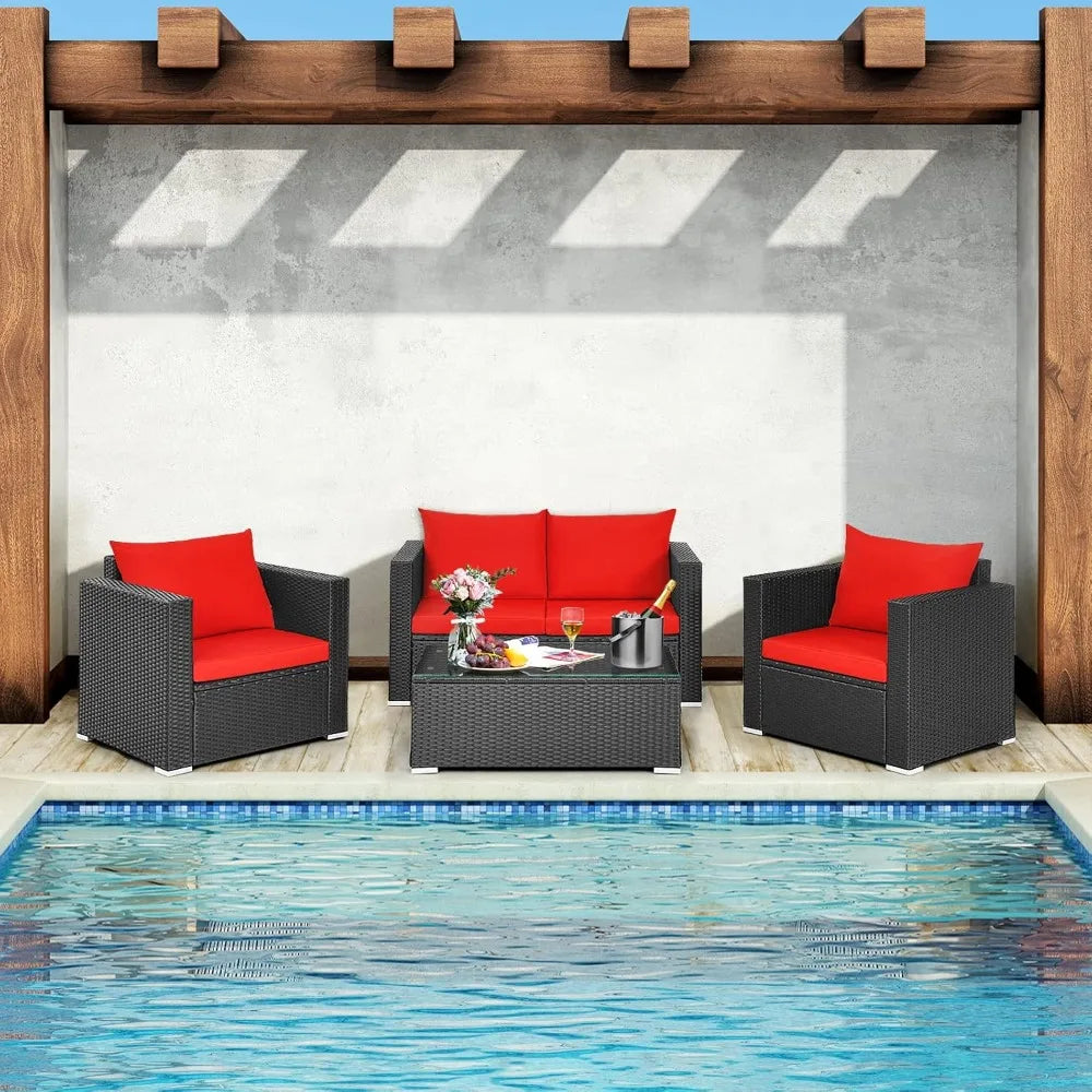 4-Piece Patio Rattan Furniture Set,Cushioned Sofa Chair,Loveseat and Coffee Table with Tempered Glass Top for Garden Poolside