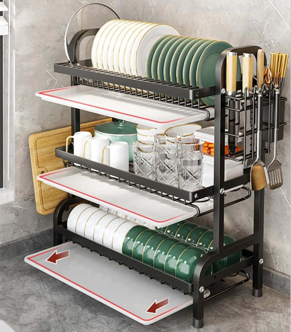 Dish Rack, Three-Tier Space-Saving Kitchen Countertop Utensil Holder, Large Capacity Dish Drainer, Suitable for Tableware