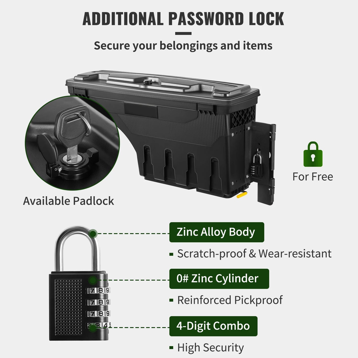 SucceBuy Truck Bed Storage Box Passenger Side Lockable Lid Waterproof ABS Wheel Well with Password Padlock Tool Box for Trucks