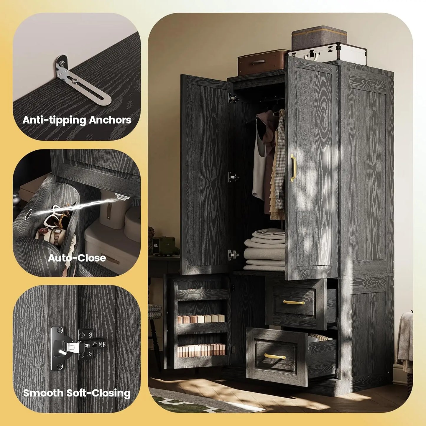 71.1" H Wooden Closet with 2 Doors and Hanging Rod for Hanging Clothes, Tall Bedroom Freestanding Armoire Storage Cabinet, Black