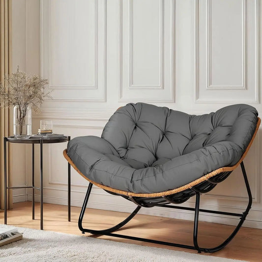 Outdoor Egg Rocking Chair, Indoor Papasan Rocking Chair with Thick Cushion, Modern Lounge Rocker for Balcony, Living Room