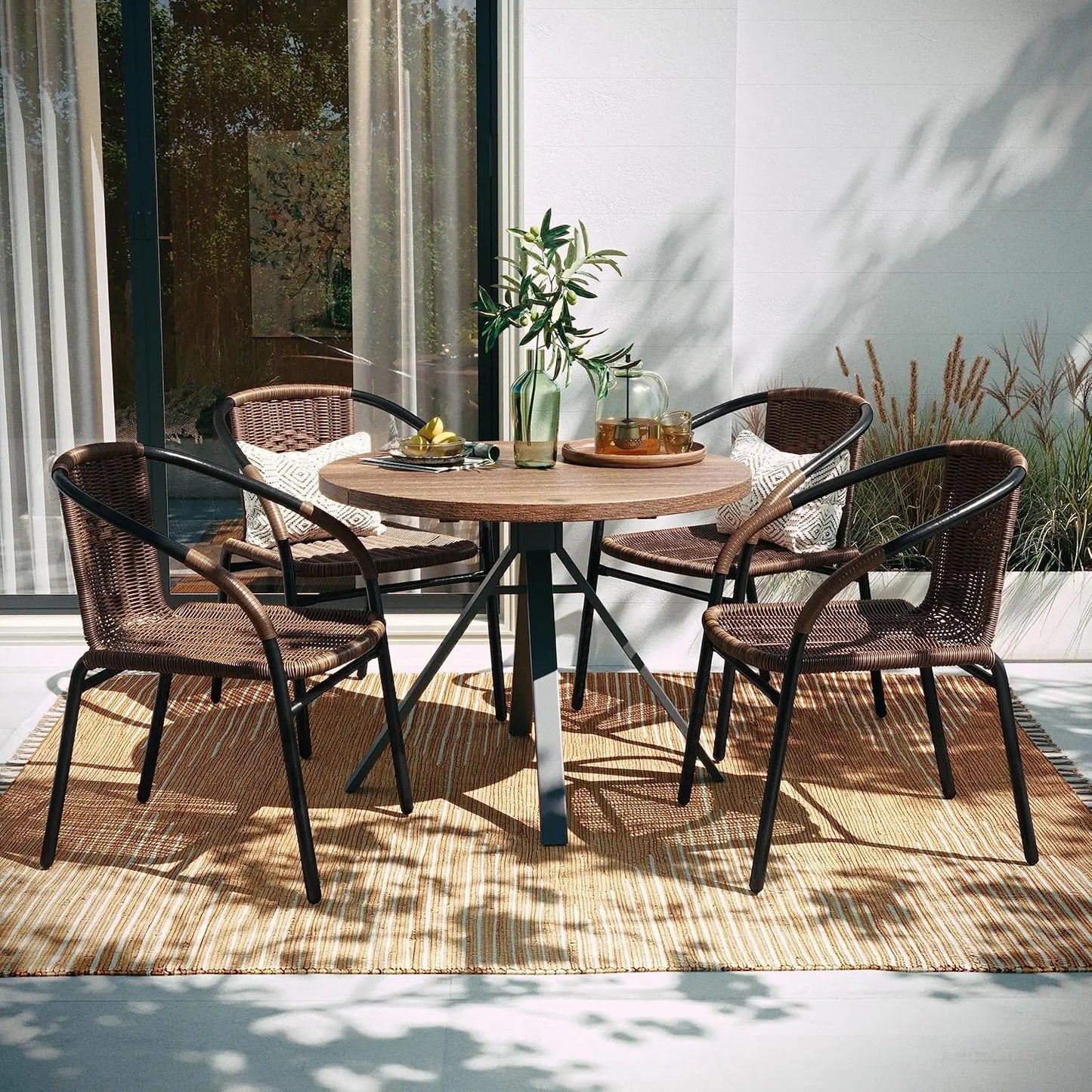4 Pack Beige Patio Dining Sets, Indoor-Outdoor Restaurant Stack Chair with Curved Back, Patio Dining Sets