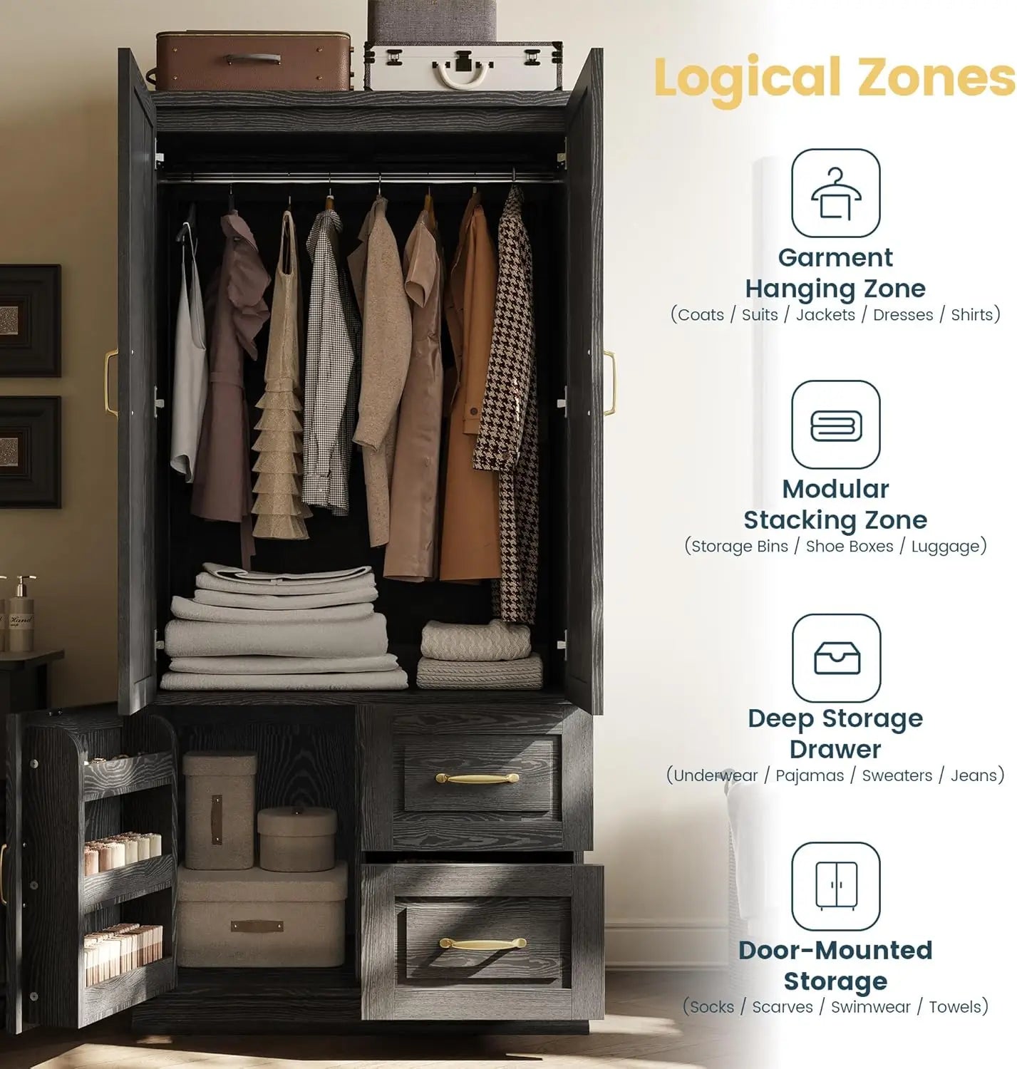 71.1" H Wooden Closet with 2 Doors and Hanging Rod for Hanging Clothes, Tall Bedroom Freestanding Armoire Storage Cabinet, Black