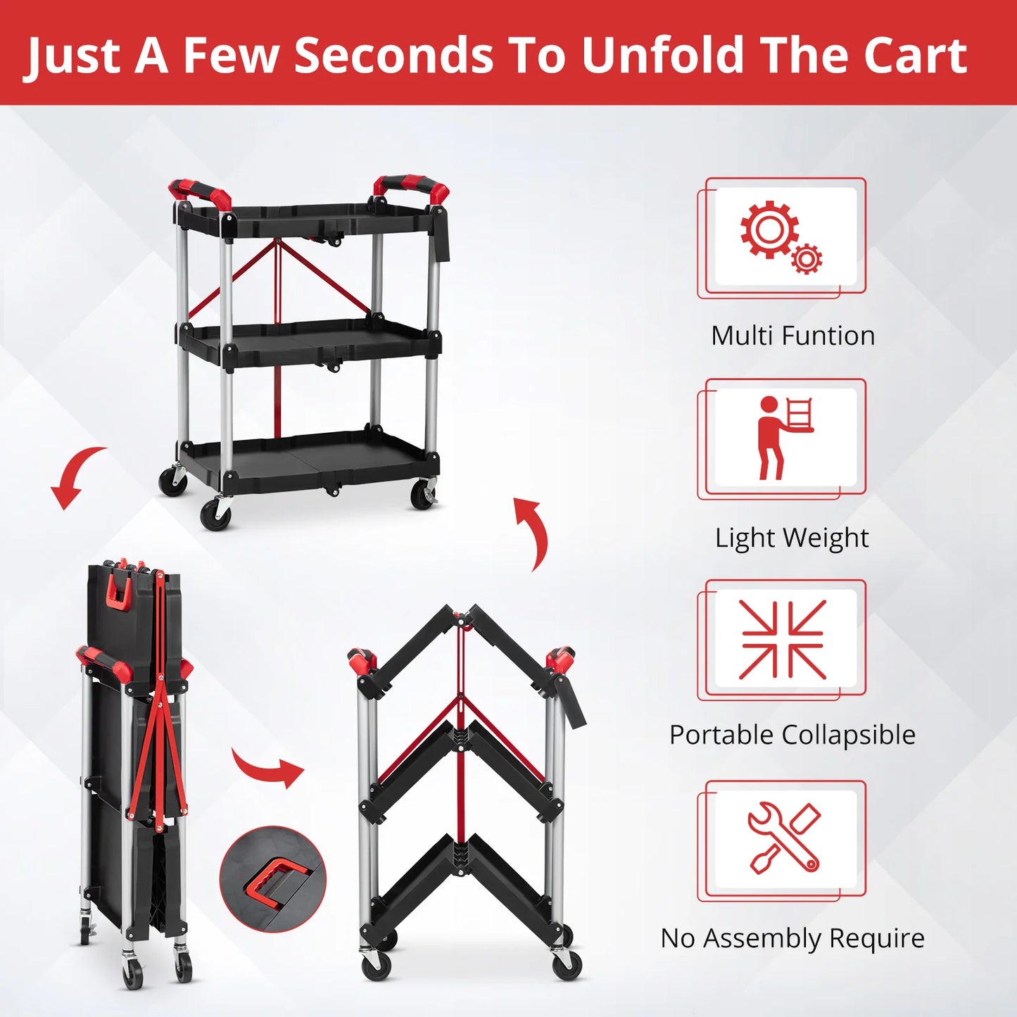 3 Tier Rolling Cart, 167Lbs Foldable Utility Service Cart with Lockable Wheels  for Warehouse Garden Office Kitchen
