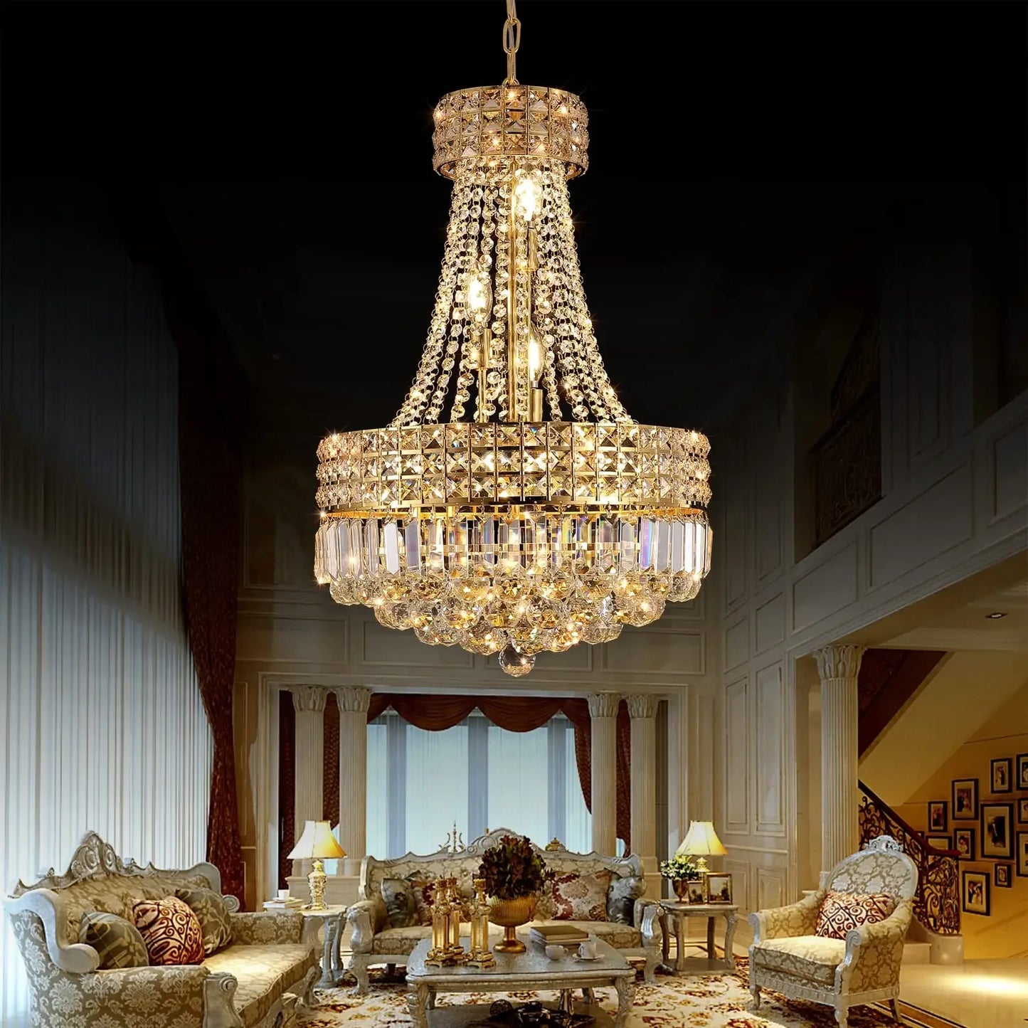 Modern K9 Crystal Chandelier, Luxury Empire Style Hanging Gold Crystal Chandelier Fixture for dining room/living room/bedroom