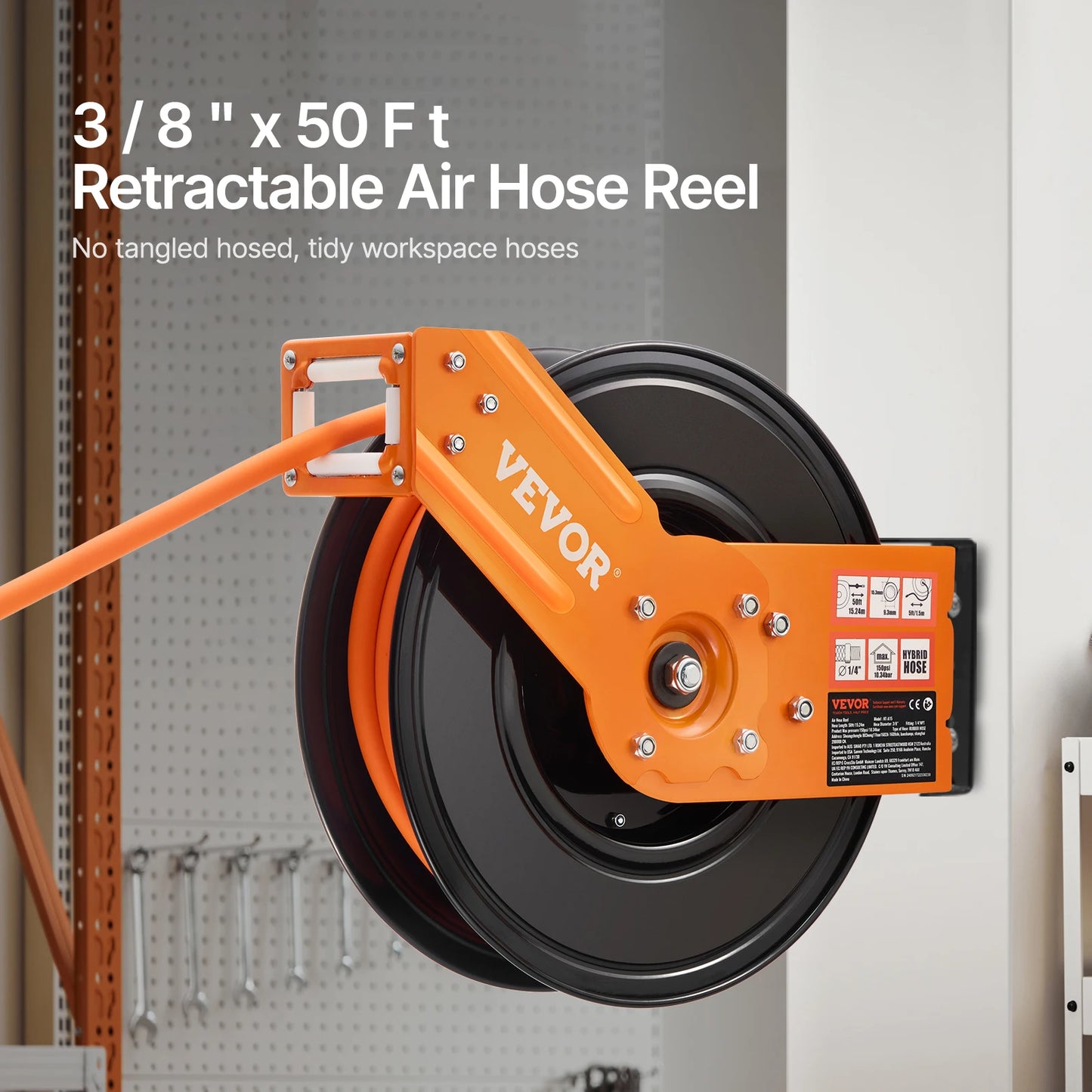 SucceBuy Retractable Air Hose Reel 50FT Rubber Air Compressor Hose Reel Auto-Rewind w/ 5FT Lead in Ceiling Wall-Mounted Air Hose