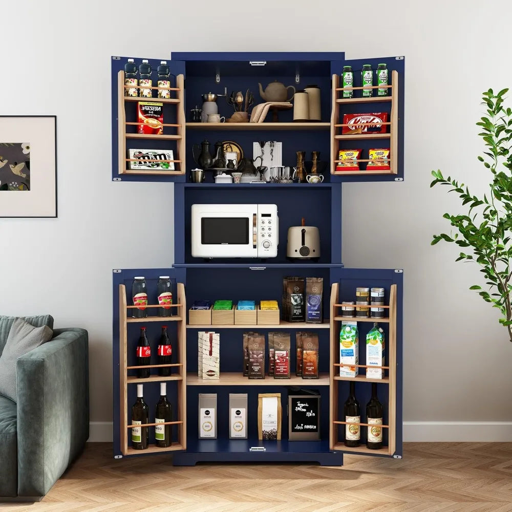 72" Kitchen Pantry Storage Cabinet, with Microwave Stand,Utility Pantry with Doors and Shelves, Freestanding Larder Cupboard