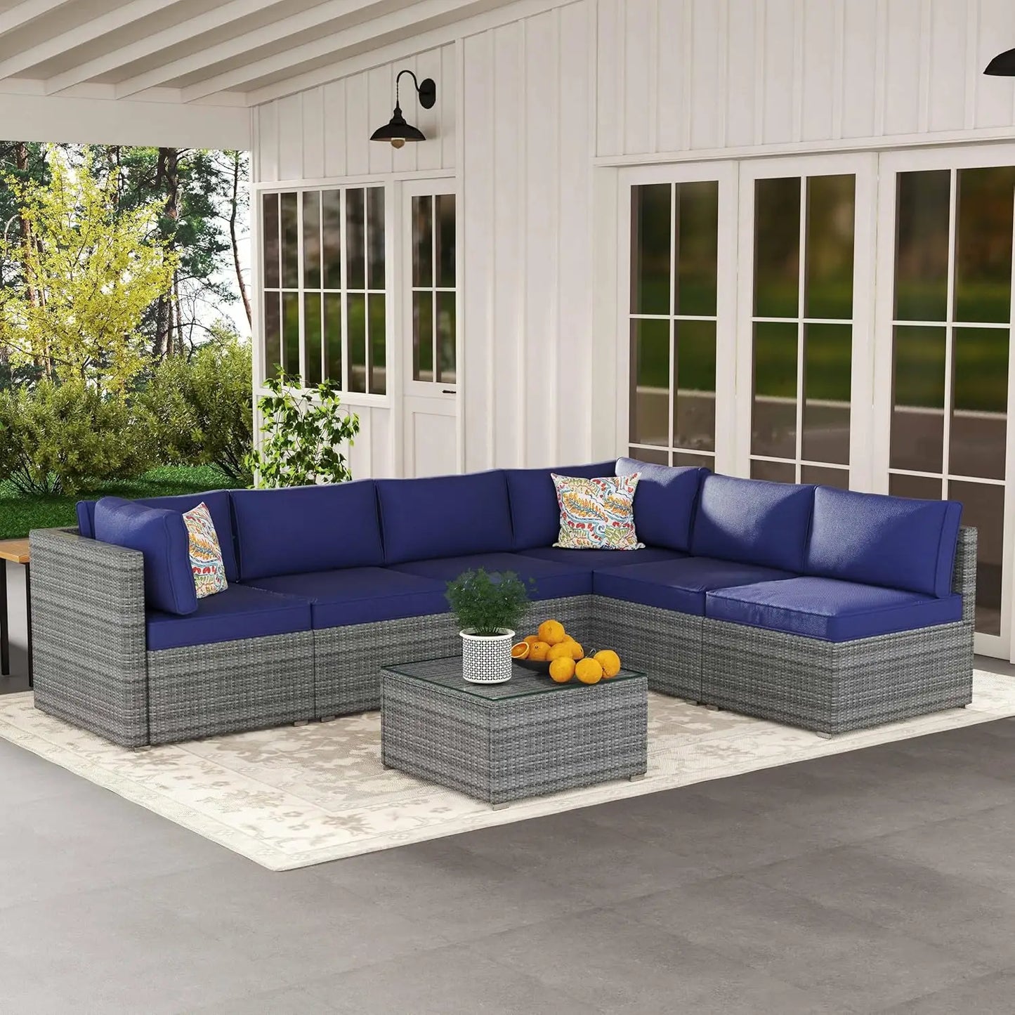 7-Piece Outdoor Patio Furniture Set, Outdoor Couch - Handwoven All-Weather Rattan & 4” Thick Waterproof Cushions,