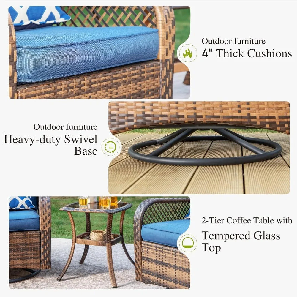 4-Piece Outdoor Swivel Rocker Chairs Set with Fire Pit Table, Rattan Patio Furniture Set Supports 350lbs,