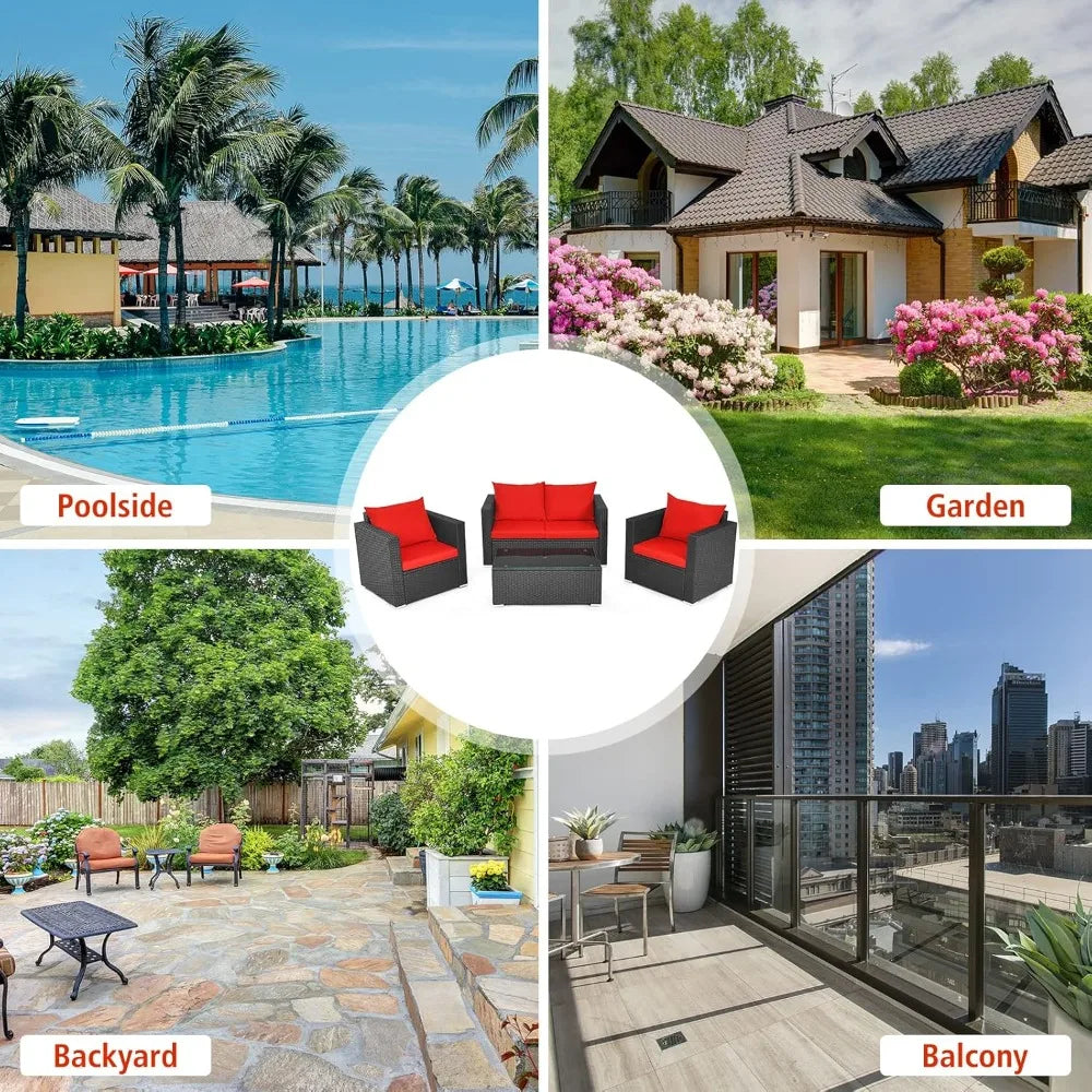 4-Piece Patio Rattan Furniture Set,Cushioned Sofa Chair,Loveseat and Coffee Table with Tempered Glass Top for Garden Poolside