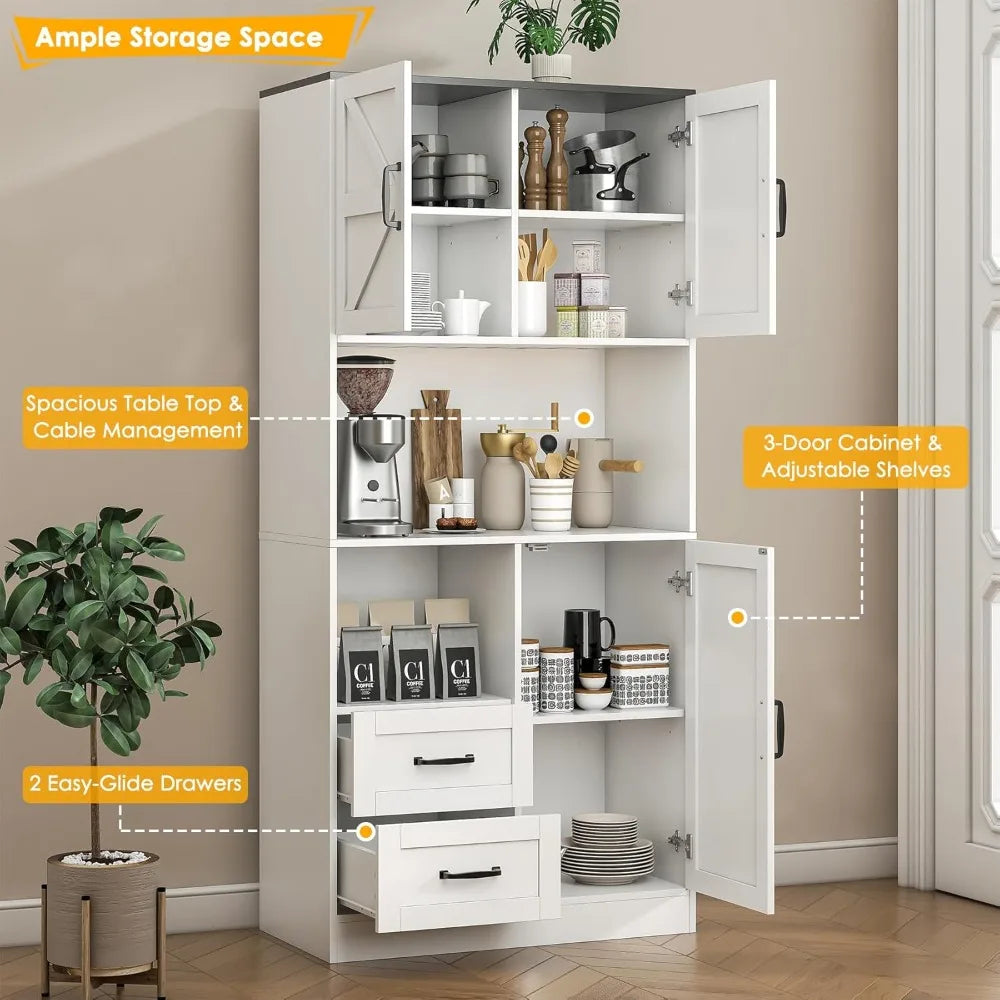 Kitchen Pantry Storage Cabinet Tall Farmhouse Kitchen Pantry with Barn Doors and Drawers, Adjustable Shelves for，Customized